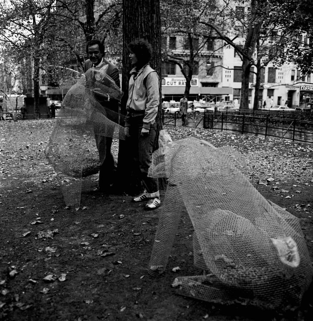 Christy Rupp, Food Chain Piece, 1978, City Hall Park, Manhattan, NYC Parks Photo Archive. Christy Rupp’s Food Chain Piece (1978) consisted of translucent bear-shaped wire mesh sculptures laced with nuts to feed the squirrels of City Hall Park, merging prey and predator in an “animal behavioral sculpture.”<br/>